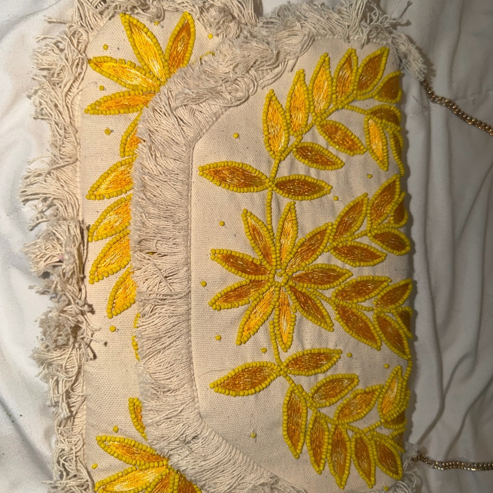 Yellow Floral Embroidered Fringe Clutch